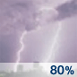 Tonight: Showers and thunderstorms, mainly before midnight.  Low around 66. Calm wind.  Chance of precipitation is 80%. New rainfall amounts between a quarter and half of an inch possible. 